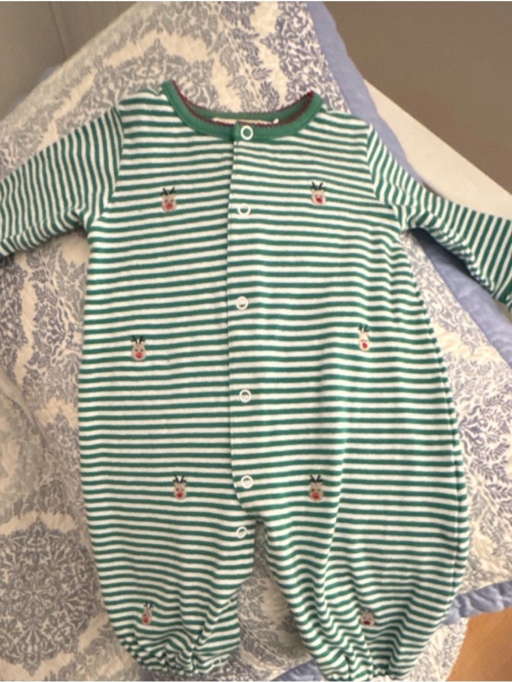 Baby Luigi Christmas Romper 6m Reindeer Green Striped Long Sleeve Embroidered